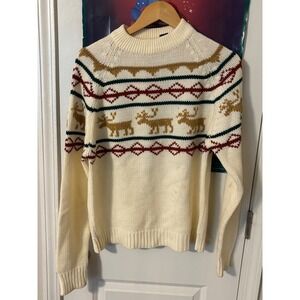Vintage Sigallo Mens Reindeer Fair Isle Knit Sweater Cream Acrylic Medium